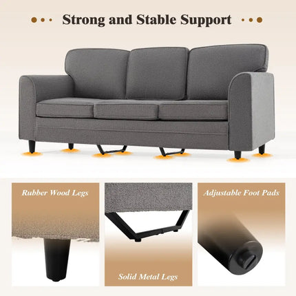 Upholstered Teddy Velvet 3-Seat Sofa with Comfy Back Pillows-Gray - Gray - Sofas & Loveseats