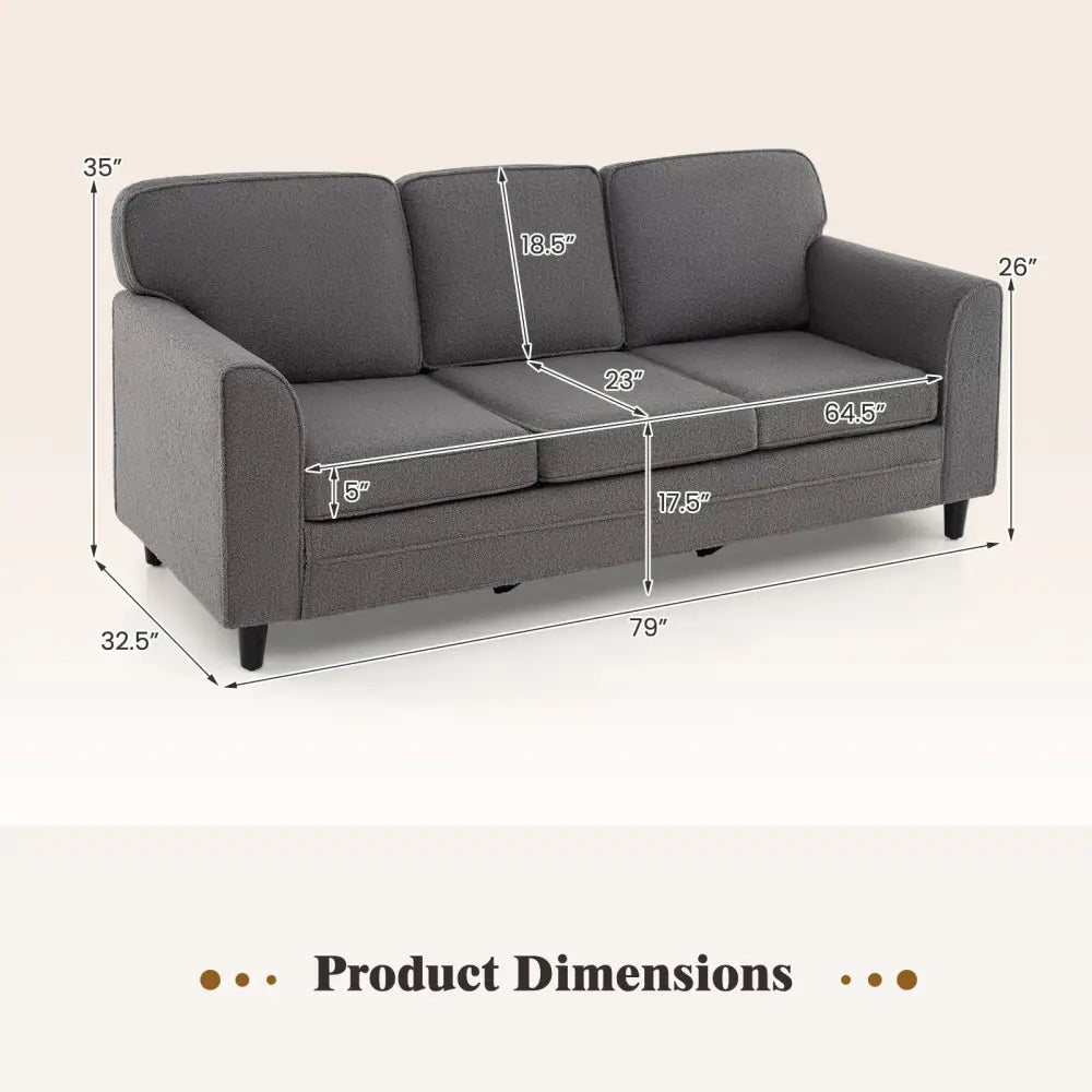 Upholstered Teddy Velvet 3-Seat Sofa with Comfy Back Pillows-Gray - Gray - Sofas & Loveseats