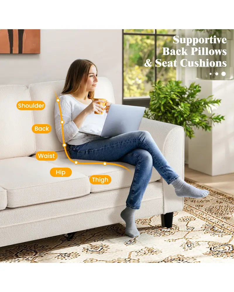 Upholstered Teddy Velvet 3-Seat Sofa with Comfy Back Pillows-White - White - Sofas & Loveseats