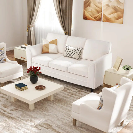 Upholstered Teddy Velvet 3-Seat Sofa with Comfy Back Pillows-White - White - Sofas & Loveseats