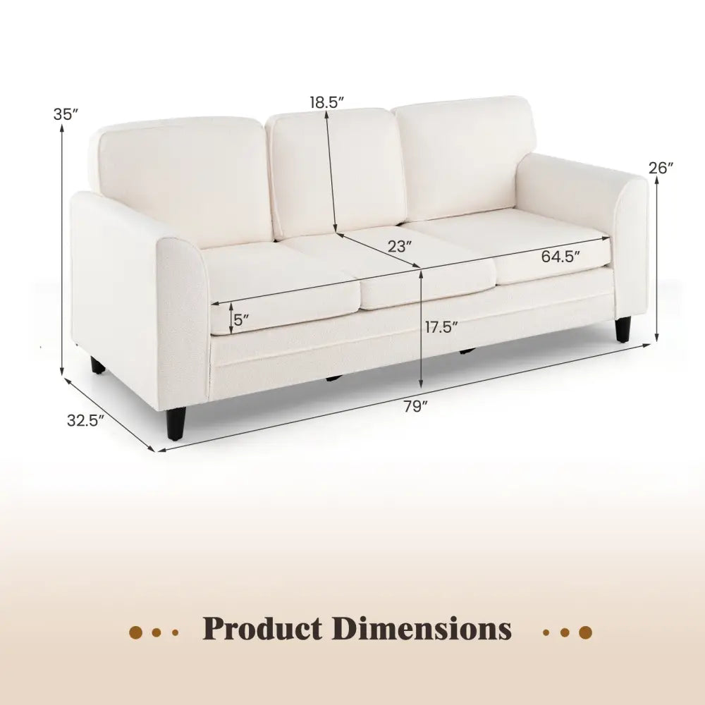 Upholstered Teddy Velvet 3-Seat Sofa with Comfy Back Pillows-White - White - Sofas & Loveseats