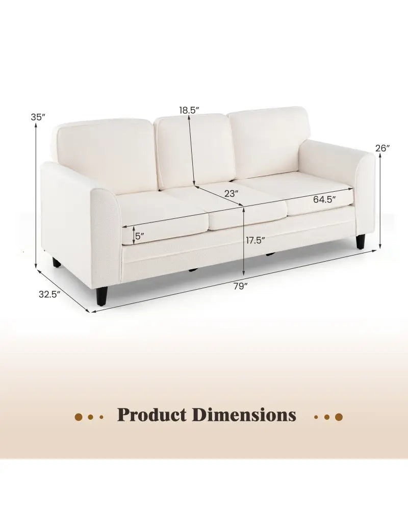 Upholstered Teddy Velvet 3-Seat Sofa with Comfy Back Pillows-White - White - Sofas & Loveseats