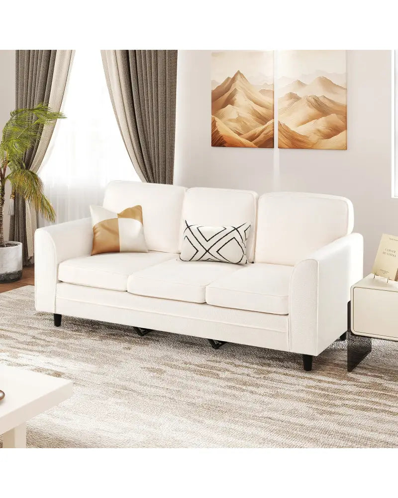 Upholstered Teddy Velvet 3-Seat Sofa with Comfy Back Pillows-White - White - Sofas & Loveseats