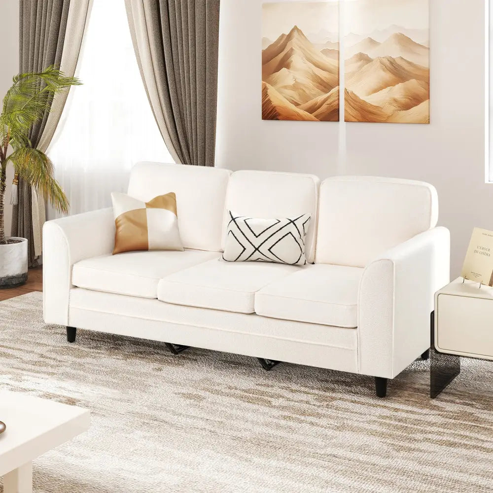 Upholstered Teddy Velvet 3-Seat Sofa with Comfy Back Pillows-White - White - Sofas & Loveseats
