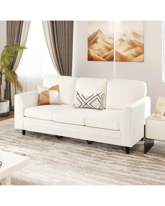 Upholstered Teddy Velvet 3-Seat Sofa with Comfy Back Pillows-White - White - Sofas & Loveseats