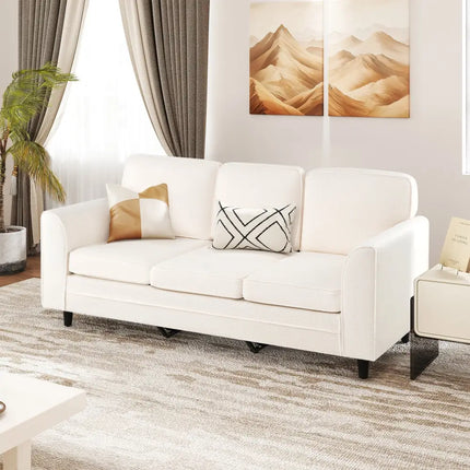 Upholstered Teddy Velvet 3-Seat Sofa with Comfy Back Pillows-White - White - Sofas & Loveseats
