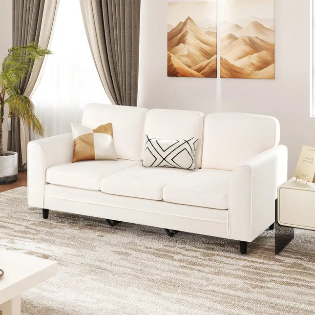 Upholstered Teddy Velvet 3-Seat Sofa with Comfy Back Pillows-White - White - Sofas & Loveseats