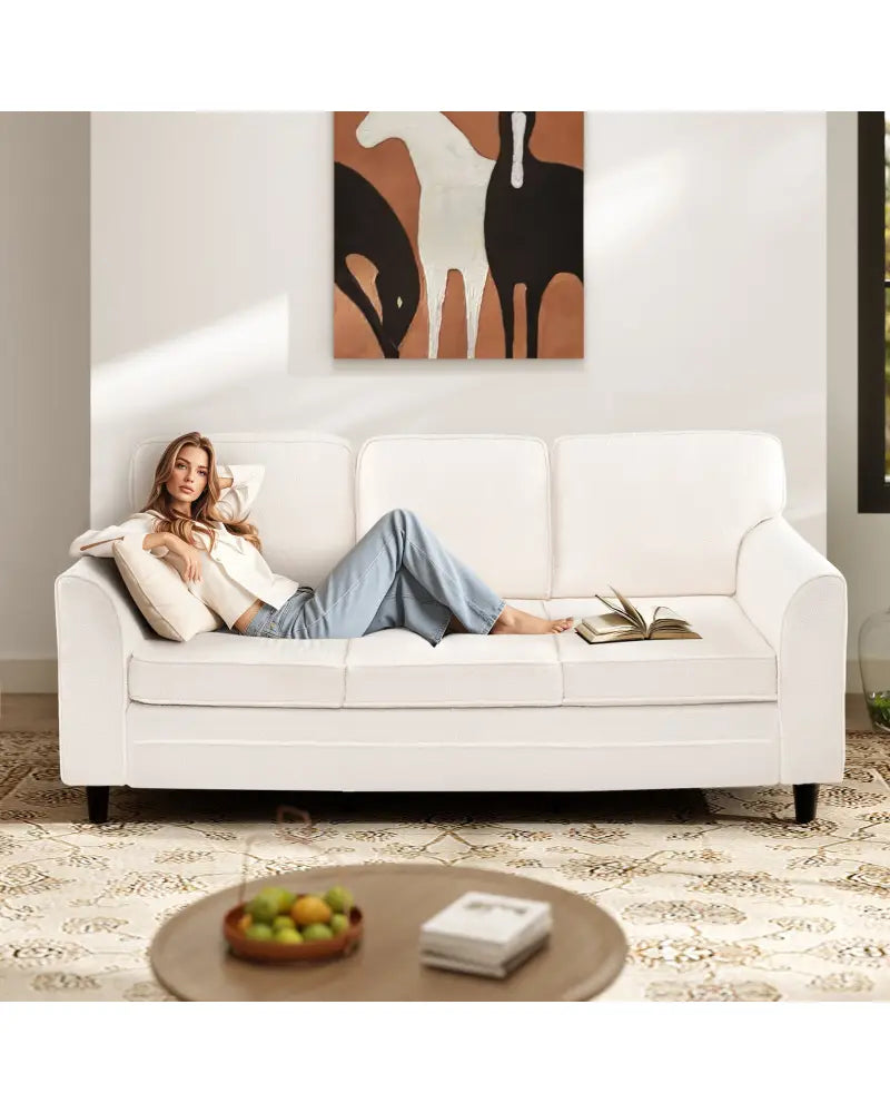 Upholstered Teddy Velvet 3-Seat Sofa with Comfy Back Pillows-White - White - Sofas & Loveseats