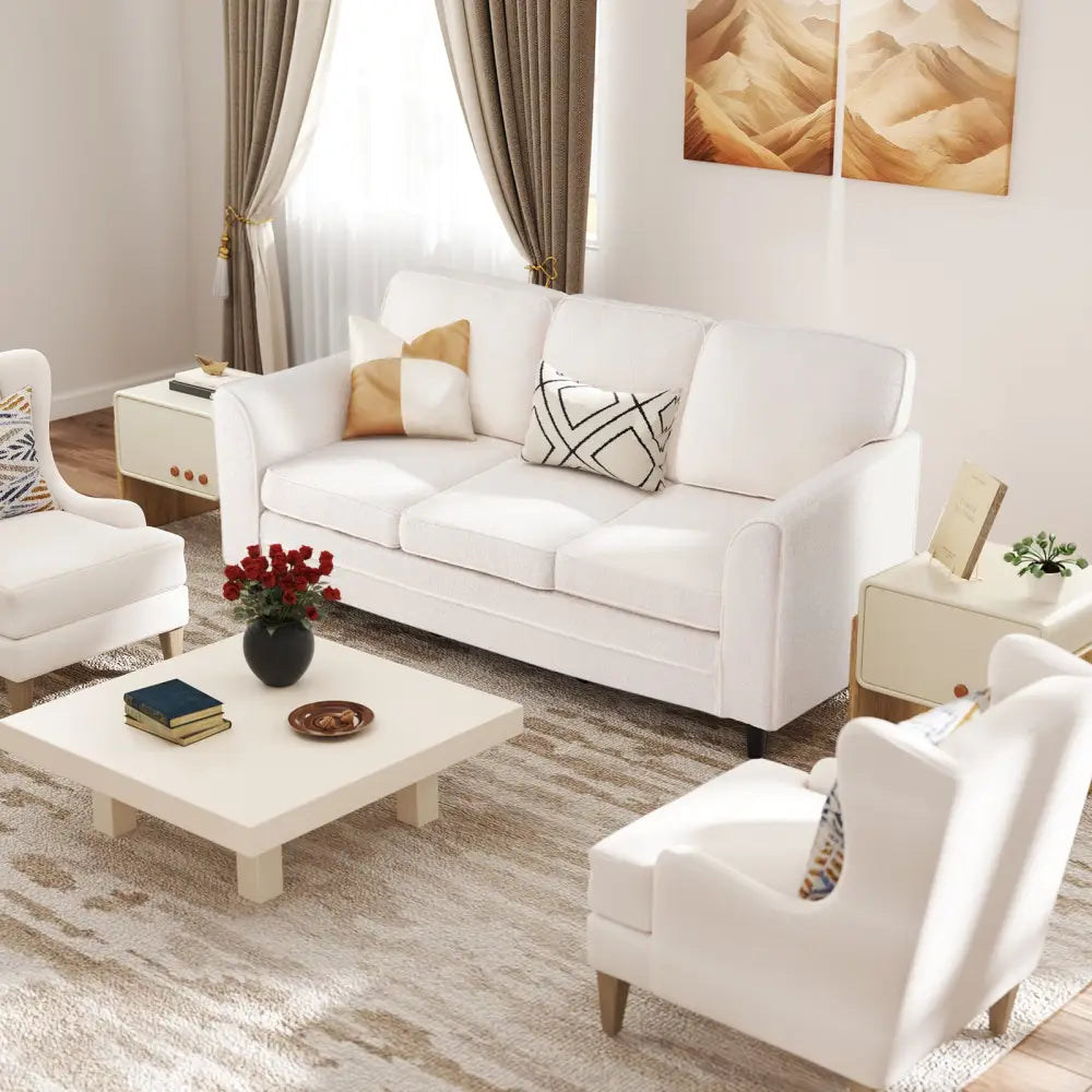 Upholstered Teddy Velvet 3-Seat Sofa with Comfy Back Pillows-White - White - Sofas & Loveseats