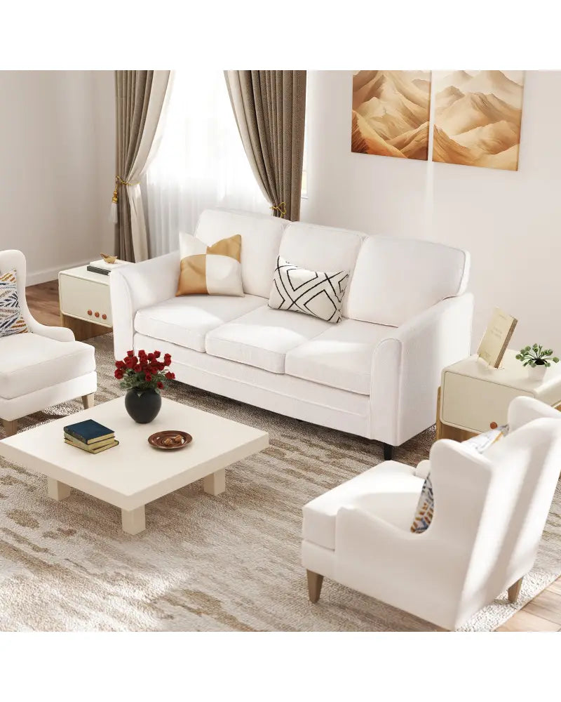 Upholstered Teddy Velvet 3-Seat Sofa with Comfy Back Pillows-White - White - Sofas & Loveseats