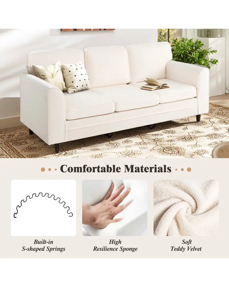 Upholstered Teddy Velvet 3-Seat Sofa with Comfy Back Pillows-White - White - Sofas & Loveseats