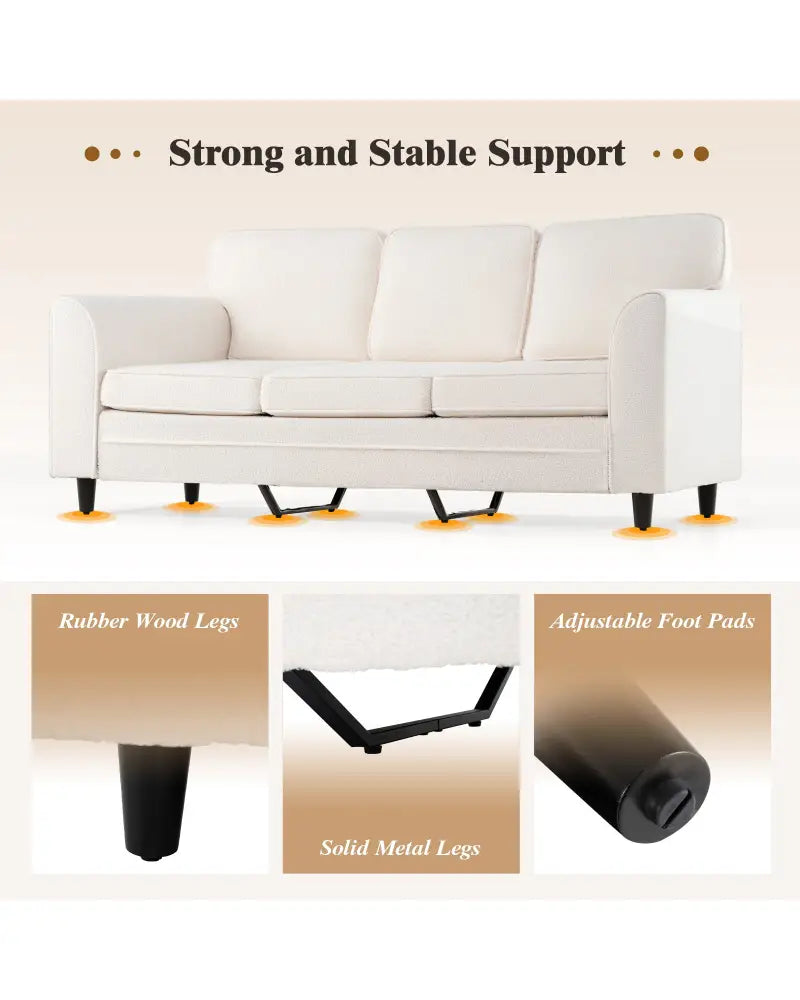 Upholstered Teddy Velvet 3-Seat Sofa with Comfy Back Pillows-White - White - Sofas & Loveseats
