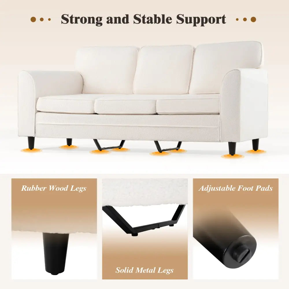 Upholstered Teddy Velvet 3-Seat Sofa with Comfy Back Pillows-White - White - Sofas & Loveseats