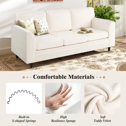 Upholstered Teddy Velvet 3-Seat Sofa with Comfy Back Pillows-White - White - Sofas & Loveseats