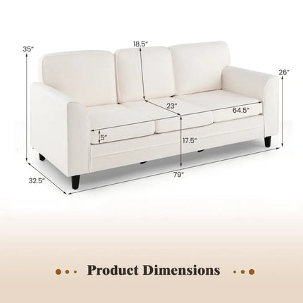 Upholstered Teddy Velvet 3-Seat Sofa with Comfy Back Pillows-White - White - Sofas & Loveseats