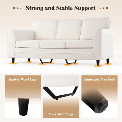 Upholstered Teddy Velvet 3-Seat Sofa with Comfy Back Pillows-White - White - Sofas & Loveseats