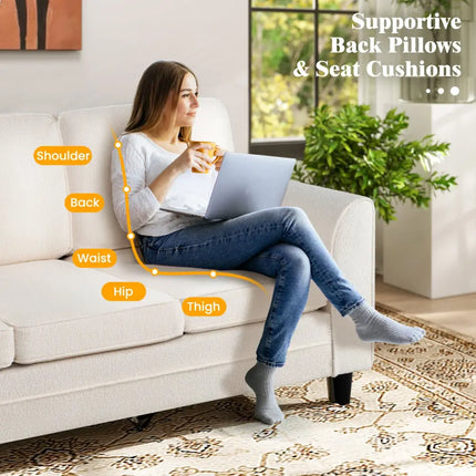 Upholstered Teddy Velvet 3-Seat Sofa with Comfy Back Pillows-White - White - Sofas & Loveseats