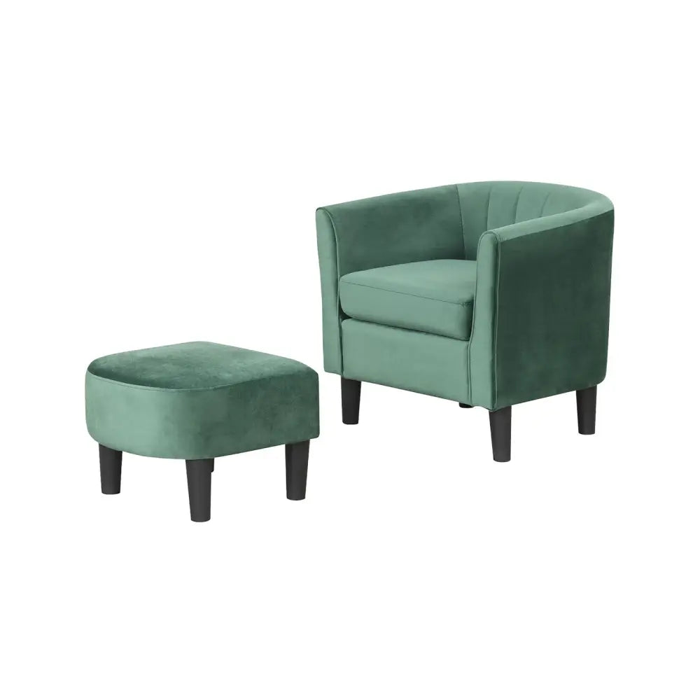 Upholstered Teddy Velvet Club Barrel Chair with Ottoman with Footrest-Green - Green - Accent Chairs