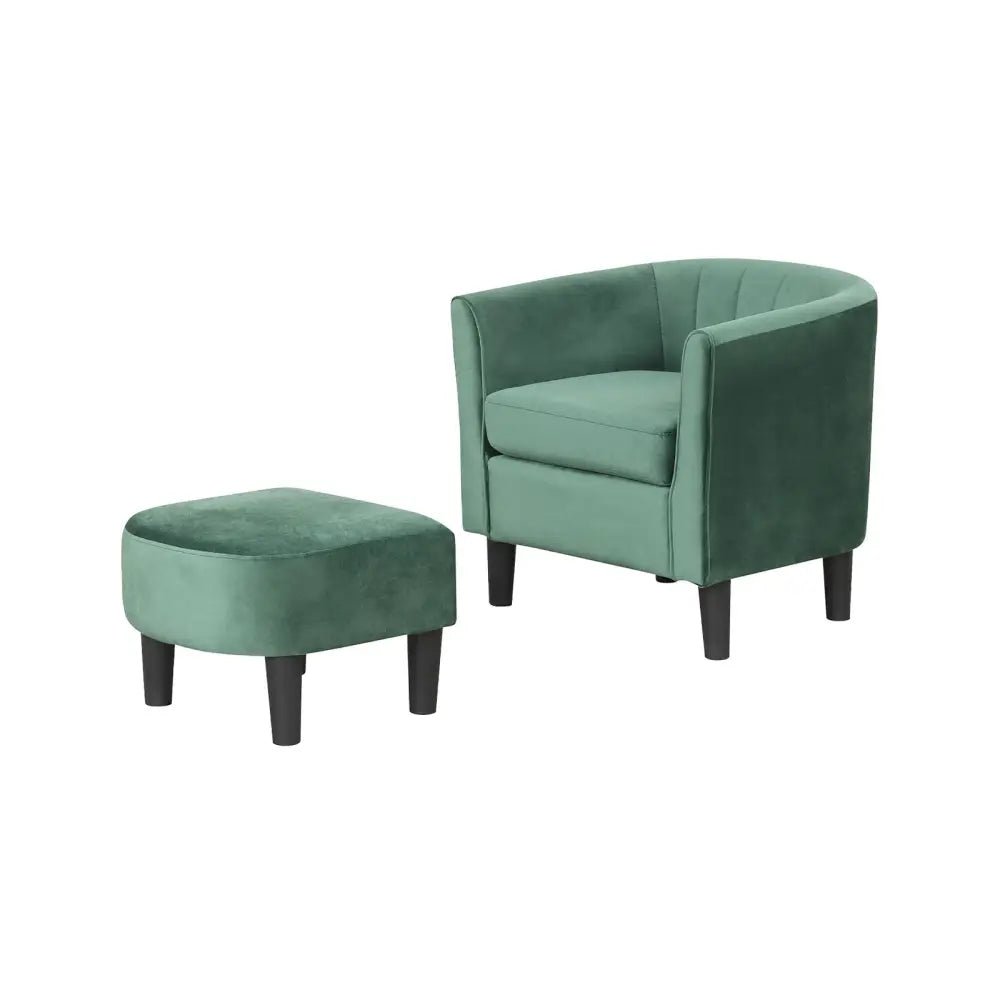 Upholstered Teddy Velvet Club Barrel Chair with Ottoman with Footrest-Green - Green - Accent Chairs