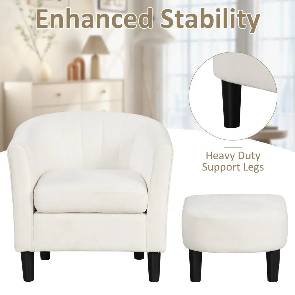 Upholstered Teddy Velvet Club Barrel Chair with Ottoman with Footrest-Beige - Beige - Accent Chairs