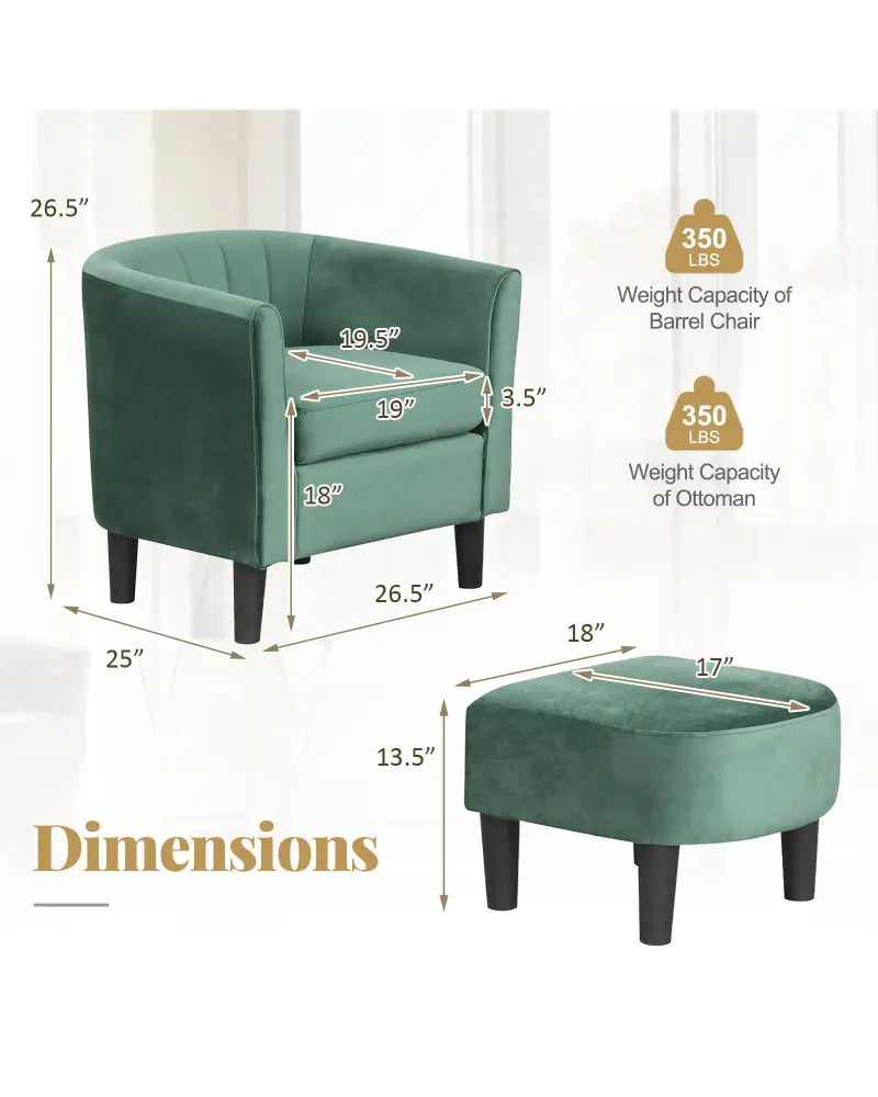 Upholstered Teddy Velvet Club Barrel Chair with Ottoman with Footrest-Green - Green - Accent Chairs