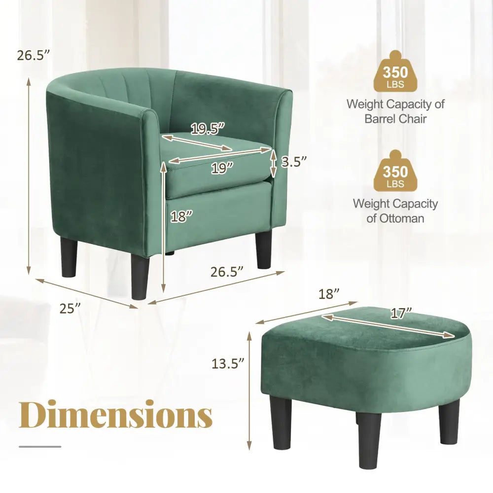 Upholstered Teddy Velvet Club Barrel Chair with Ottoman with Footrest-Green - Green - Accent Chairs
