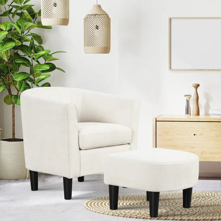 Upholstered Teddy Velvet Club Barrel Chair with Ottoman with Footrest-Beige - Beige - Accent Chairs