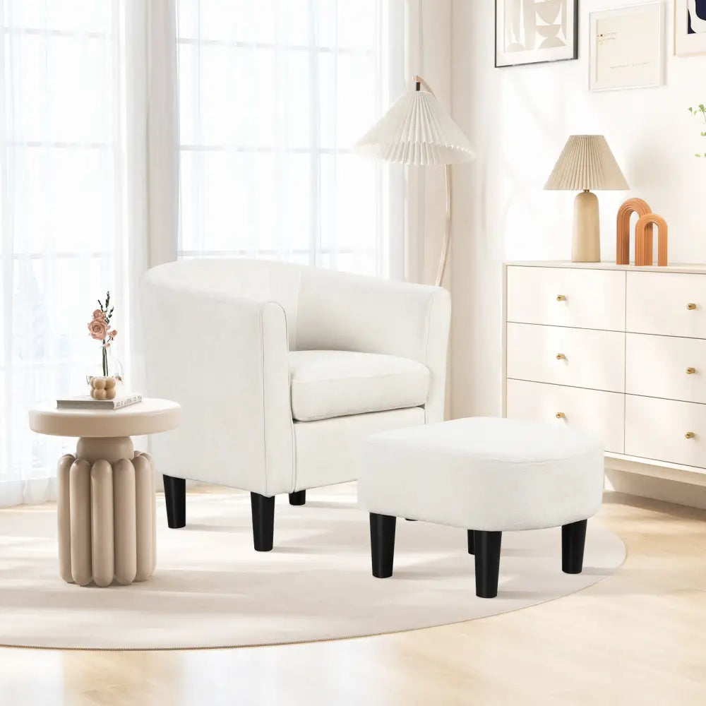 Upholstered Teddy Velvet Club Barrel Chair with Ottoman with Footrest-Beige - Beige - Accent Chairs