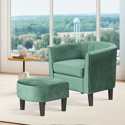 Upholstered Teddy Velvet Club Barrel Chair with Ottoman with Footrest-Green - Green - Accent Chairs