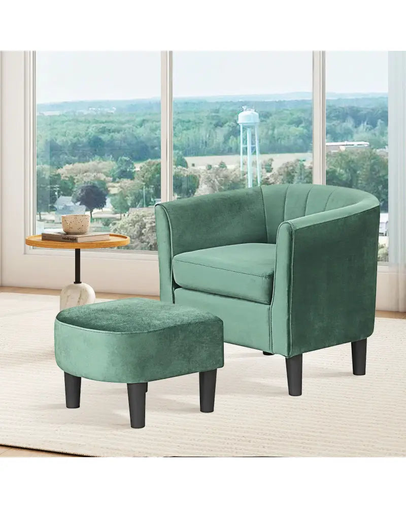 Upholstered Teddy Velvet Club Barrel Chair with Ottoman with Footrest-Green - Green - Accent Chairs