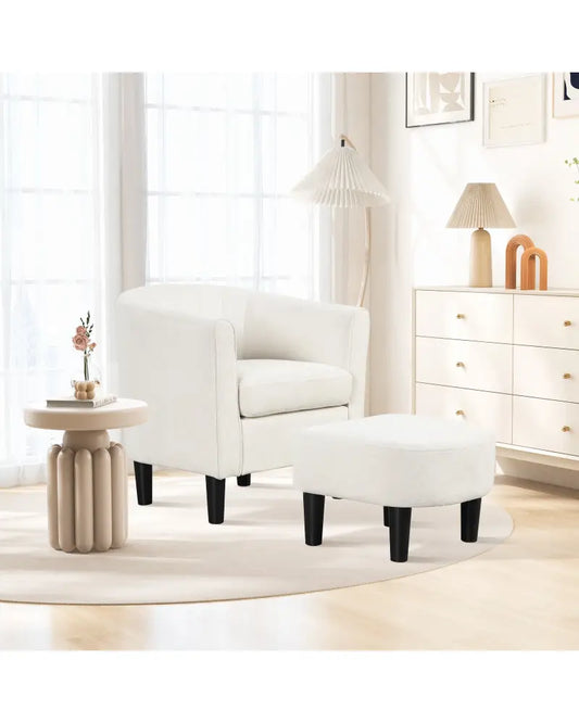 Upholstered Teddy Velvet Club Barrel Chair with Ottoman with Footrest-Beige - Beige - Accent Chairs