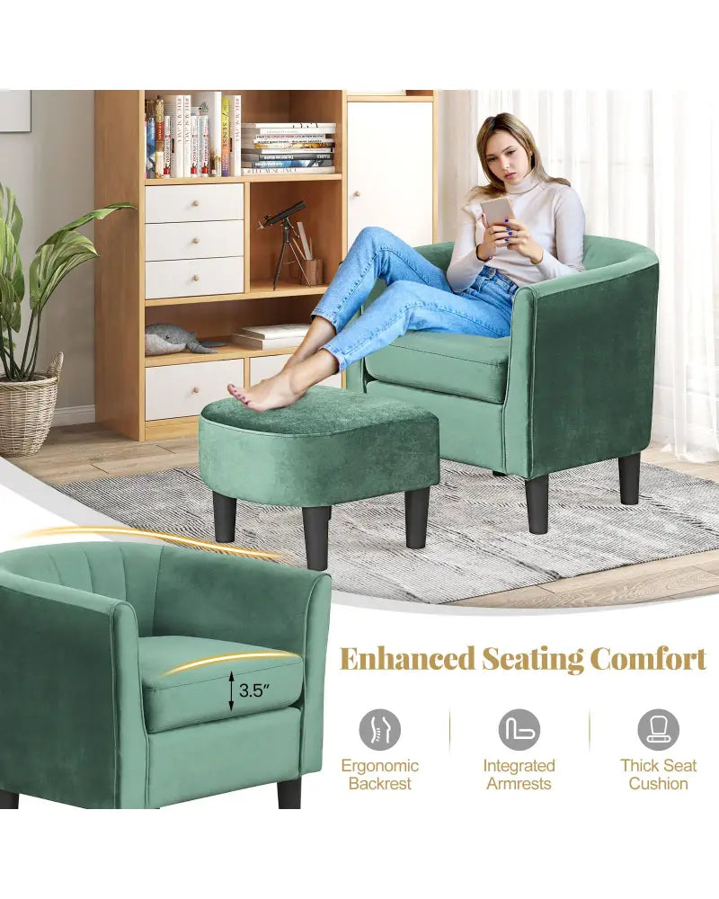 Upholstered Teddy Velvet Club Barrel Chair with Ottoman with Footrest-Green - Green - Accent Chairs