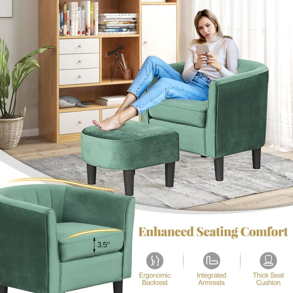 Upholstered Teddy Velvet Club Barrel Chair with Ottoman with Footrest-Green - Green - Accent Chairs