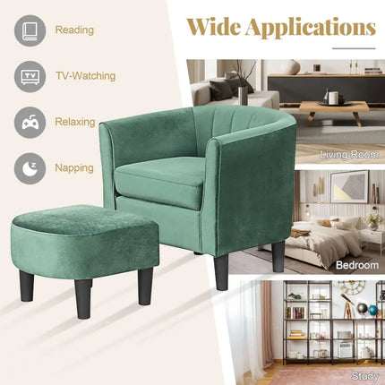 Upholstered Teddy Velvet Club Barrel Chair with Ottoman with Footrest-Green - Green - Accent Chairs