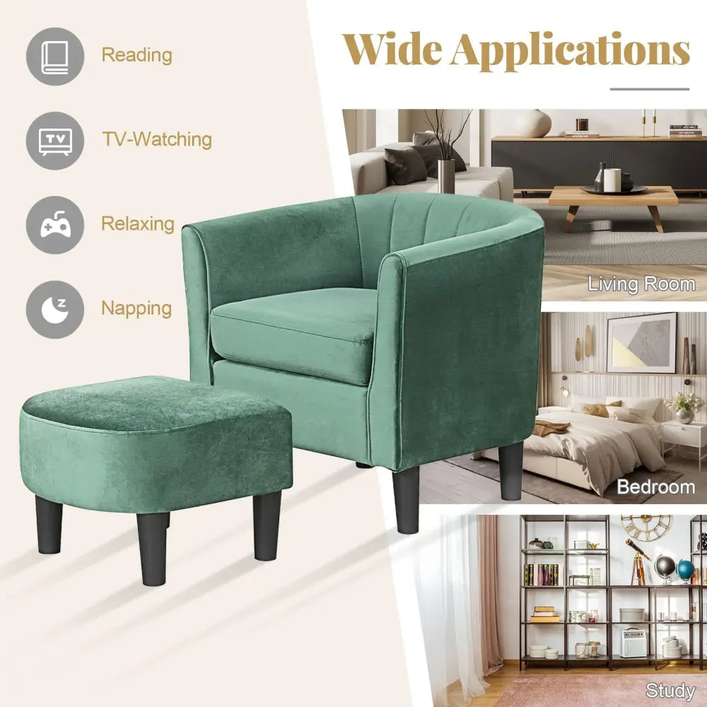 Upholstered Teddy Velvet Club Barrel Chair with Ottoman with Footrest-Green - Green - Accent Chairs