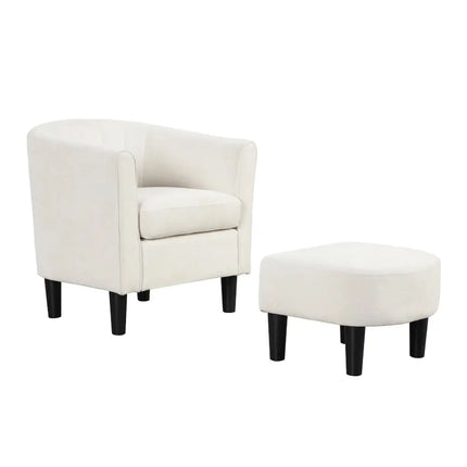 Upholstered Teddy Velvet Club Barrel Chair with Ottoman with Footrest-Beige - Beige - Accent Chairs