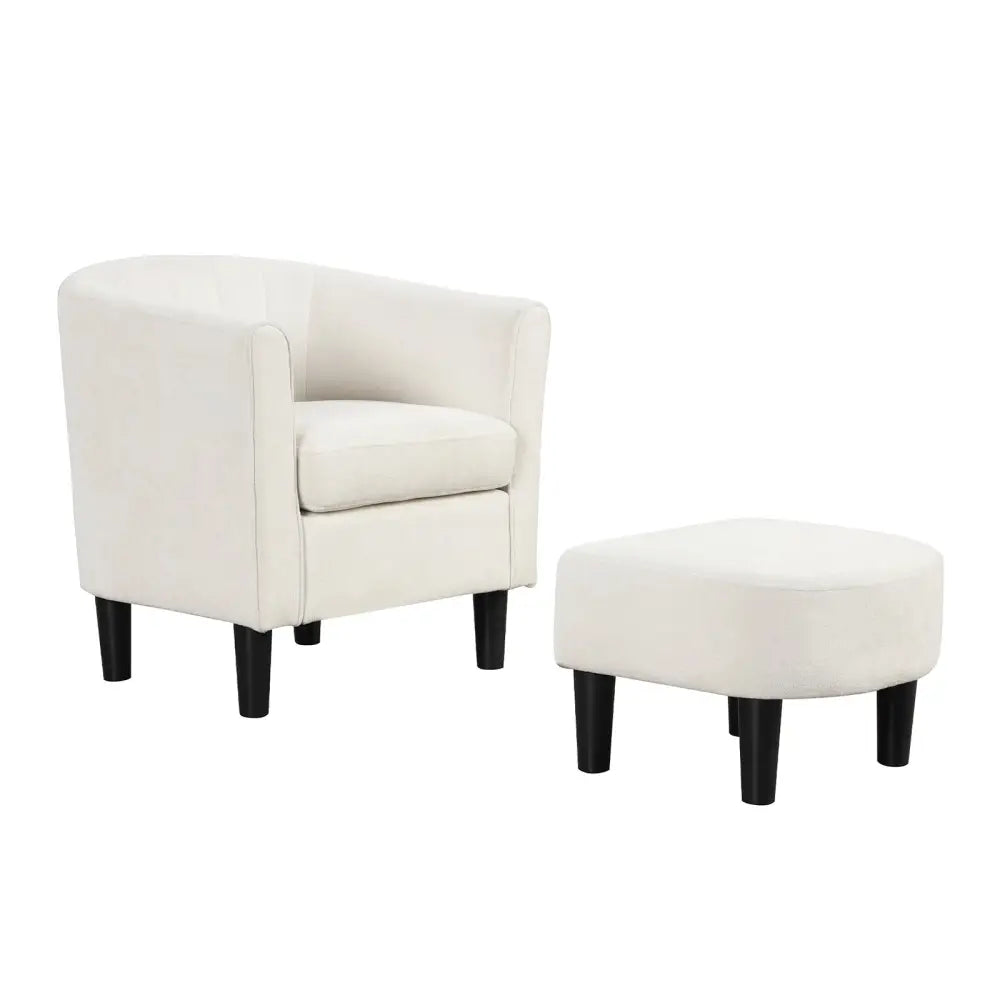 Upholstered Teddy Velvet Club Barrel Chair with Ottoman with Footrest-Beige - Beige - Accent Chairs
