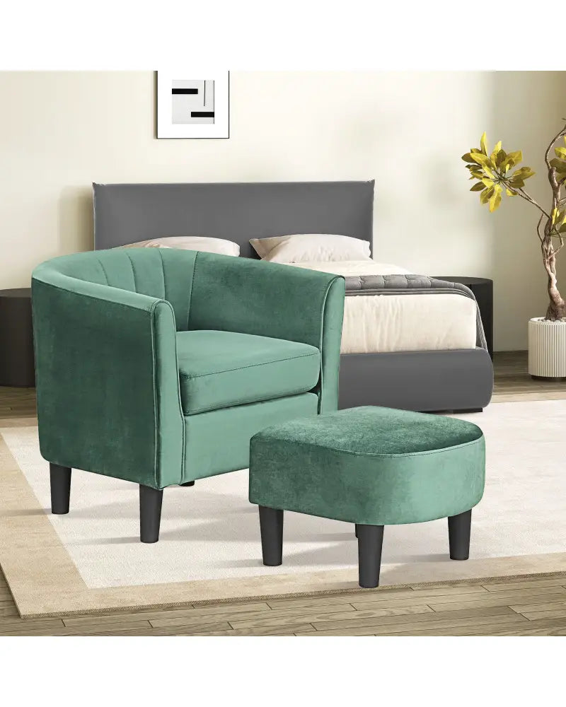 Upholstered Teddy Velvet Club Barrel Chair with Ottoman with Footrest-Green - Green - Accent Chairs