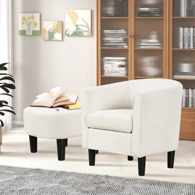 Upholstered Teddy Velvet Club Barrel Chair with Ottoman with Footrest-Beige - Beige - Accent Chairs