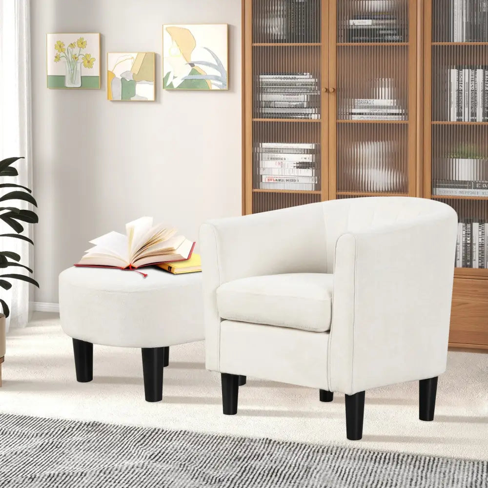 Upholstered Teddy Velvet Club Barrel Chair with Ottoman with Footrest-Beige - Beige - Accent Chairs