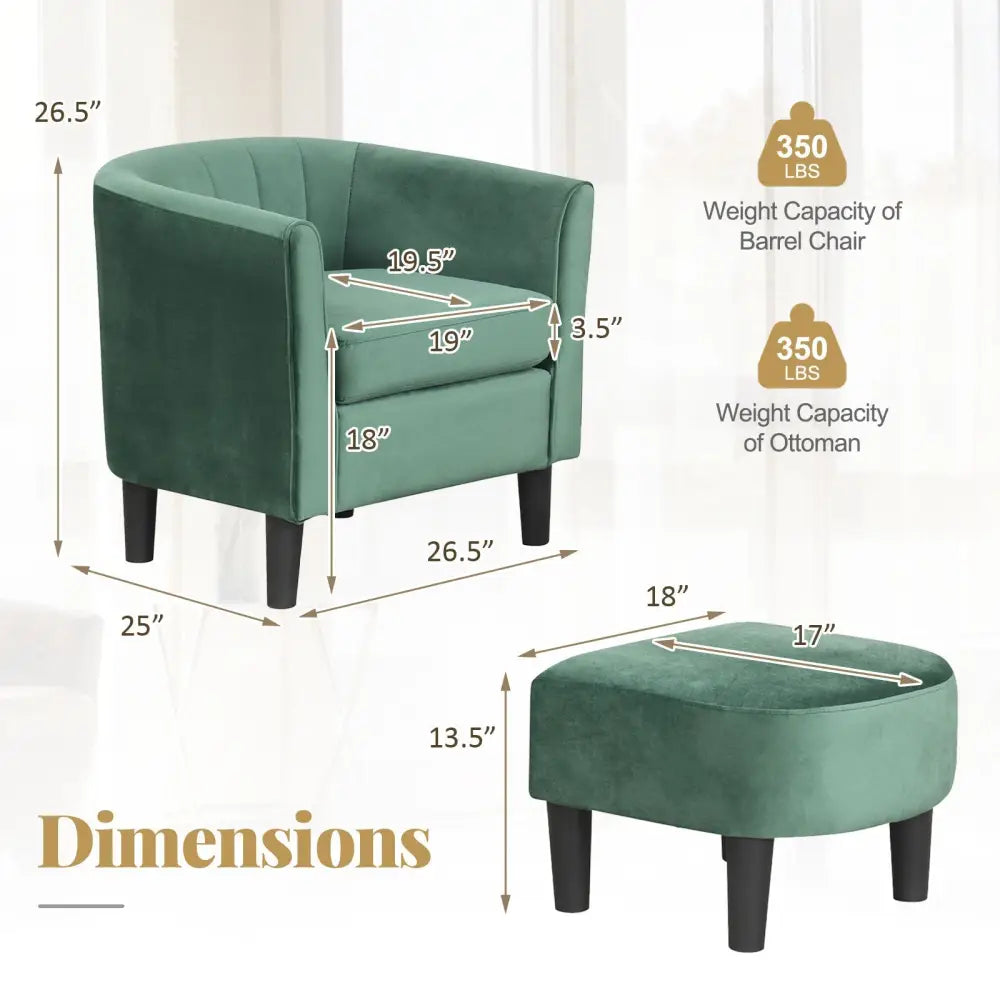 Upholstered Teddy Velvet Club Barrel Chair with Ottoman with Footrest-Green - Green - Accent Chairs