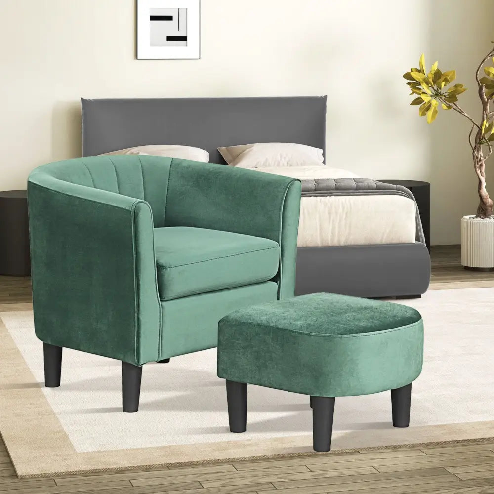 Upholstered Teddy Velvet Club Barrel Chair with Ottoman with Footrest-Green - Green - Accent Chairs