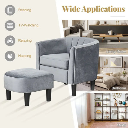 Upholstered Teddy Velvet Club Barrel Chair with Ottoman with Footrest-Gray - Gray - Accent Chairs