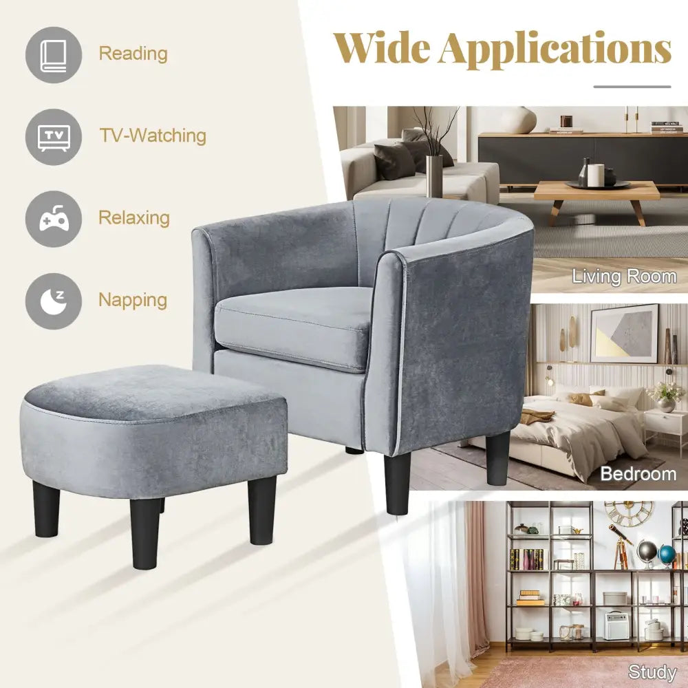 Upholstered Teddy Velvet Club Barrel Chair with Ottoman with Footrest-Gray - Gray - Accent Chairs