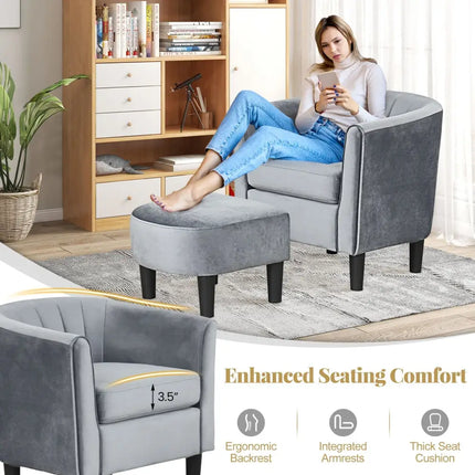 Upholstered Teddy Velvet Club Barrel Chair with Ottoman with Footrest-Gray - Gray - Accent Chairs