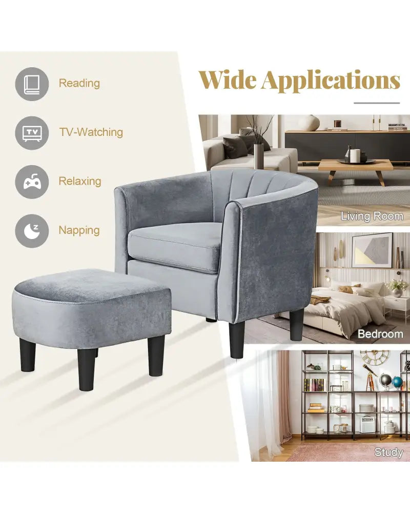 Upholstered Teddy Velvet Club Barrel Chair with Ottoman with Footrest-Gray - Gray - Accent Chairs