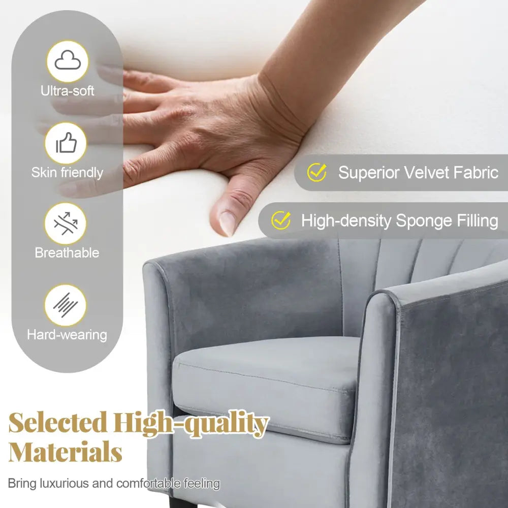 Upholstered Teddy Velvet Club Barrel Chair with Ottoman with Footrest-Gray - Gray - Accent Chairs