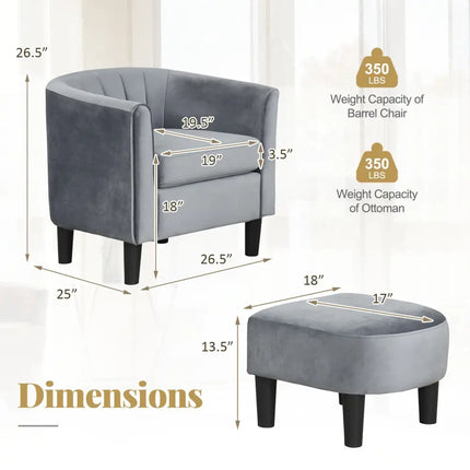 Upholstered Teddy Velvet Club Barrel Chair with Ottoman with Footrest-Gray - Gray - Accent Chairs