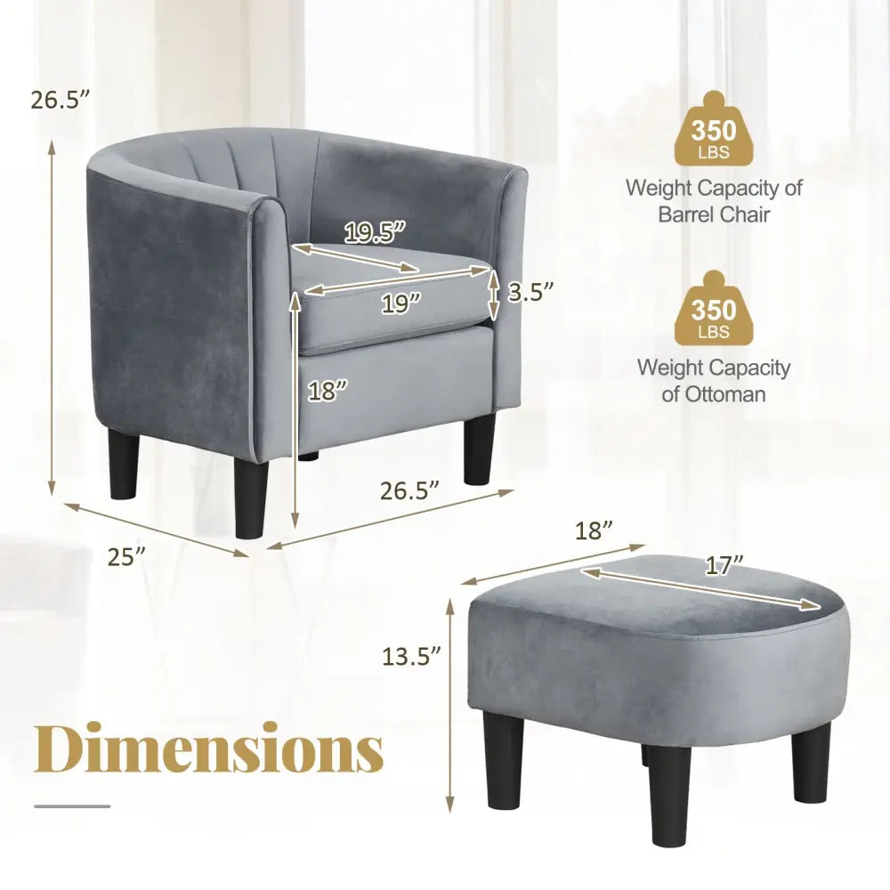Upholstered Teddy Velvet Club Barrel Chair with Ottoman with Footrest-Gray - Gray - Accent Chairs
