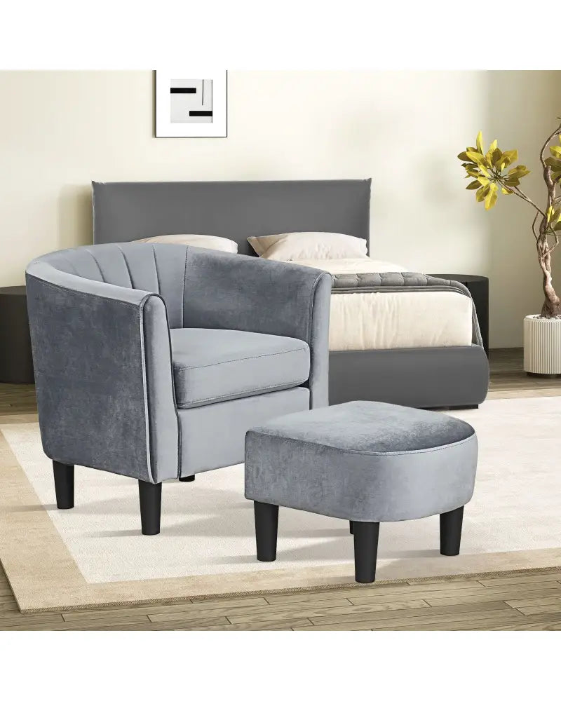 Upholstered Teddy Velvet Club Barrel Chair with Ottoman with Footrest-Gray - Gray - Accent Chairs